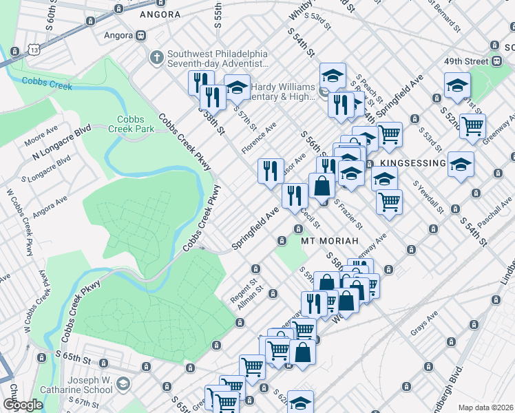 map of restaurants, bars, coffee shops, grocery stores, and more near 5851 Springfield Avenue in Philadelphia