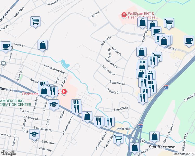 map of restaurants, bars, coffee shops, grocery stores, and more near 229 Phoenix Drive in Chambersburg