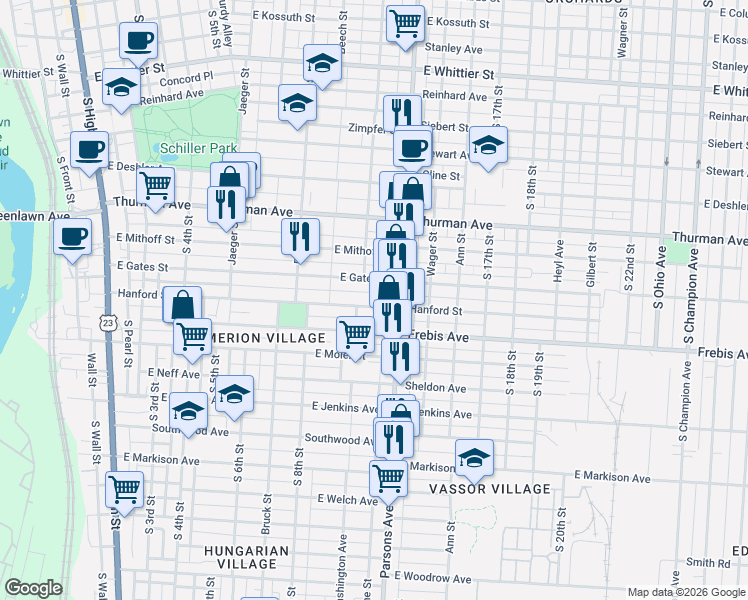 map of restaurants, bars, coffee shops, grocery stores, and more near 429 Hanford Street in Columbus
