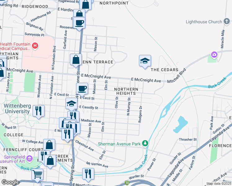 map of restaurants, bars, coffee shops, grocery stores, and more near 515 East Northern Avenue in Springfield