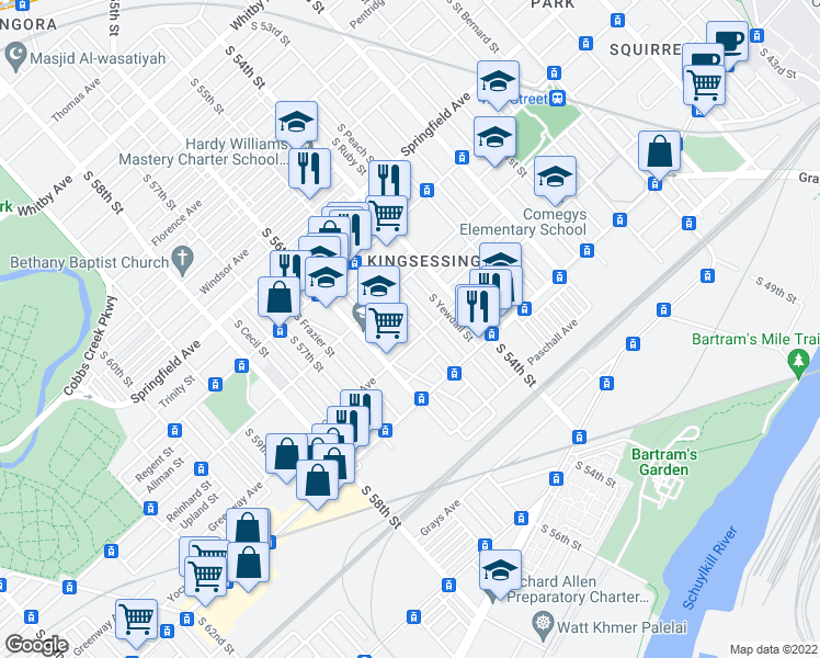 map of restaurants, bars, coffee shops, grocery stores, and more near 5504 Upland Street in Philadelphia