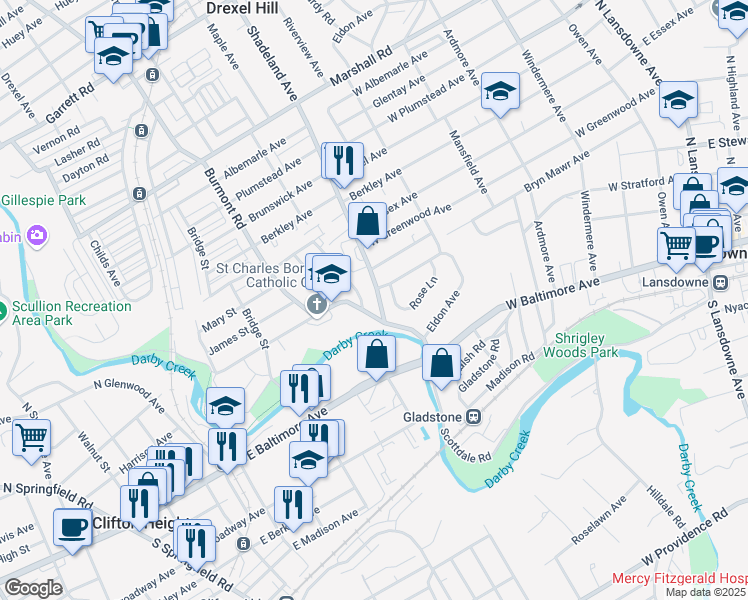 map of restaurants, bars, coffee shops, grocery stores, and more near 58 Shadeland Avenue in Drexel Hill