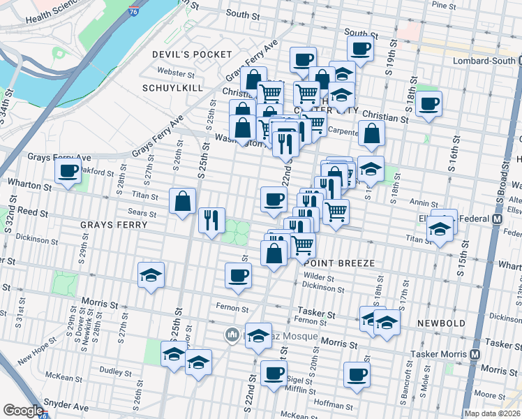 map of restaurants, bars, coffee shops, grocery stores, and more near 2233 Wharton Street in Philadelphia