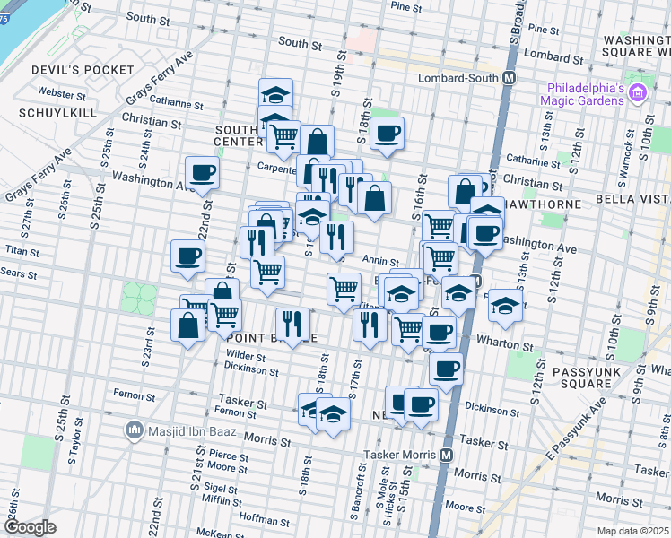 map of restaurants, bars, coffee shops, grocery stores, and more near 1804 Federal Street in Philadelphia