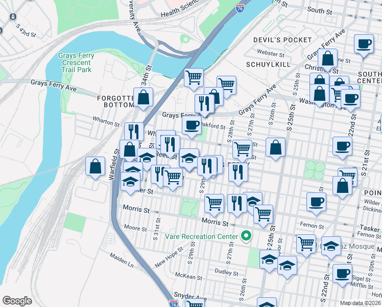 map of restaurants, bars, coffee shops, grocery stores, and more near 2943 Gerritt Street in Philadelphia