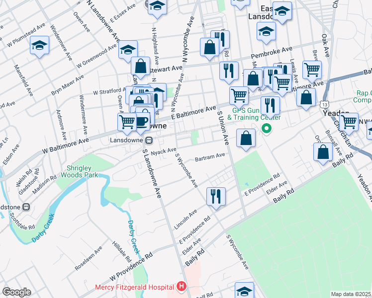 map of restaurants, bars, coffee shops, grocery stores, and more near 72 Nyack Avenue in Lansdowne