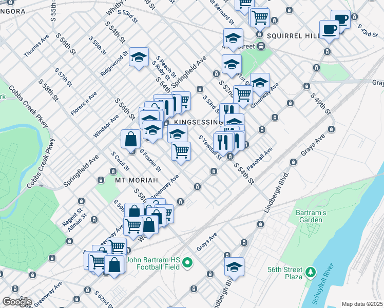map of restaurants, bars, coffee shops, grocery stores, and more near 5504 Upland Street in Philadelphia
