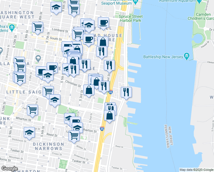 map of restaurants, bars, coffee shops, grocery stores, and more near S Front St & Queen St in Philadelphia