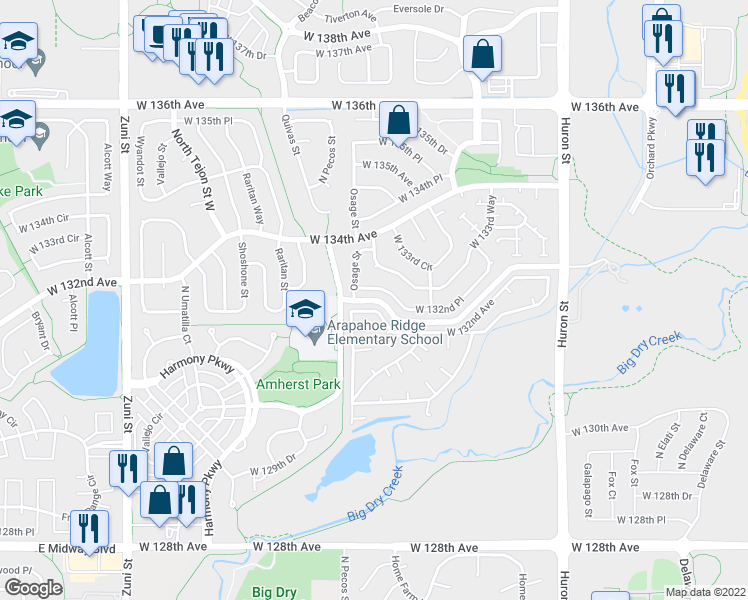 map of restaurants, bars, coffee shops, grocery stores, and more near West 132nd Avenue in Westminster