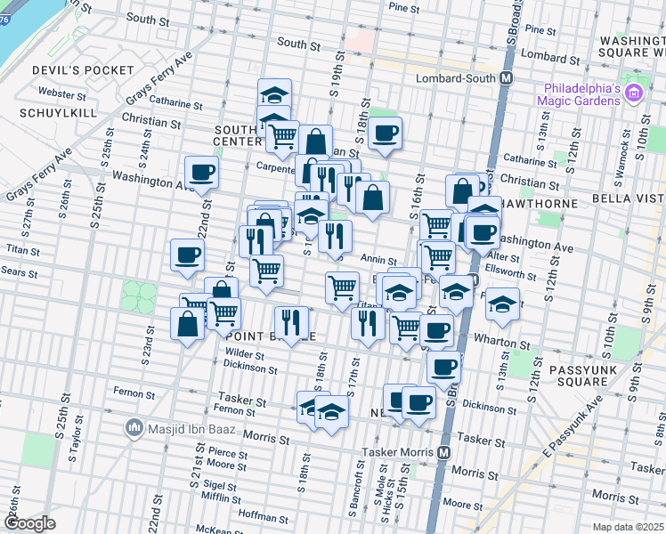 map of restaurants, bars, coffee shops, grocery stores, and more near 1804 Federal Street in Philadelphia