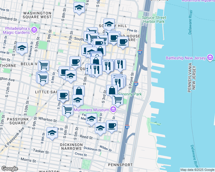 map of restaurants, bars, coffee shops, grocery stores, and more near 841 South 3rd Street in Philadelphia