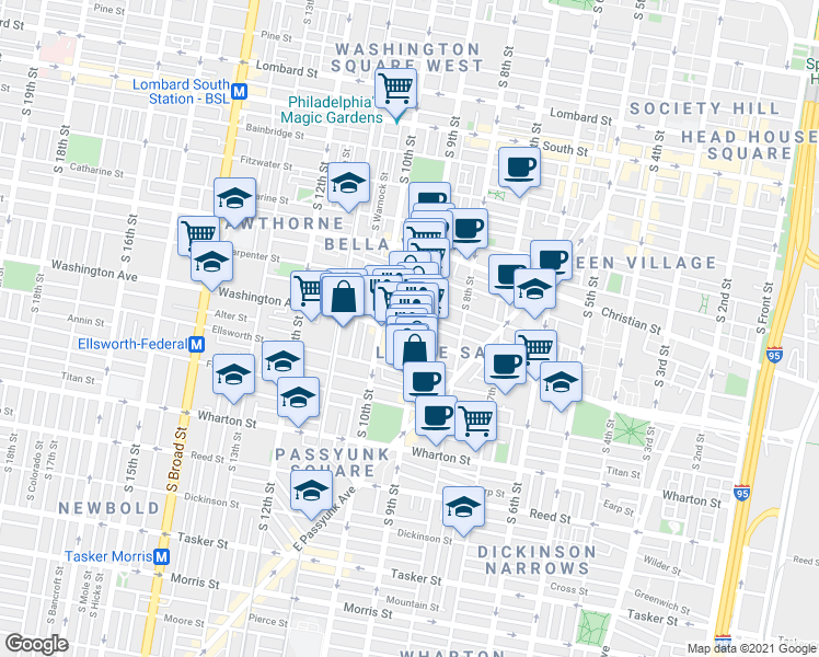map of restaurants, bars, coffee shops, grocery stores, and more near 913 Washington Avenue in Philadelphia