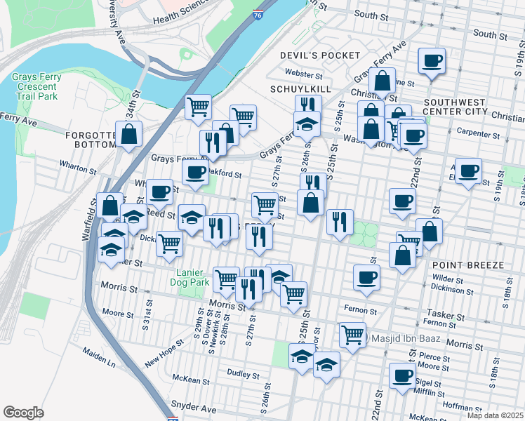 map of restaurants, bars, coffee shops, grocery stores, and more near 2715 Sears Street in Philadelphia