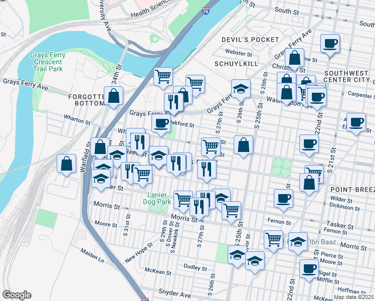 map of restaurants, bars, coffee shops, grocery stores, and more near 1322 South Newkirk Street in Philadelphia