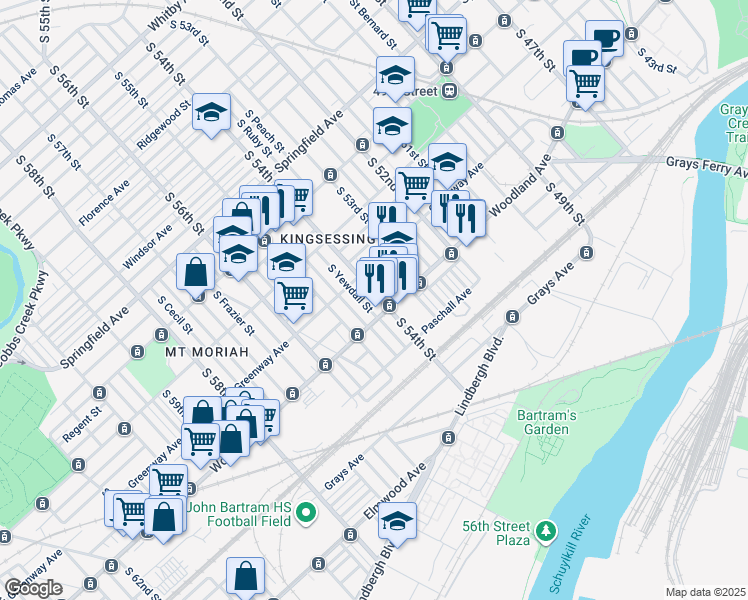 map of restaurants, bars, coffee shops, grocery stores, and more near 1738 South 54th Street in Philadelphia