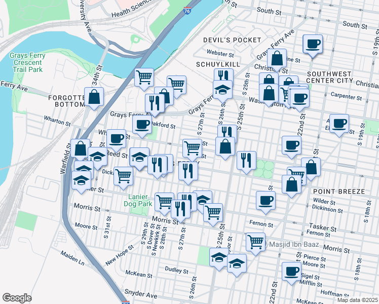 map of restaurants, bars, coffee shops, grocery stores, and more near 2719 Sears Street in Philadelphia