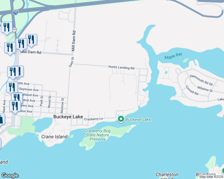 map of restaurants, bars, coffee shops, grocery stores, and more near 164 Slocum Avenue in Buckeye Lake