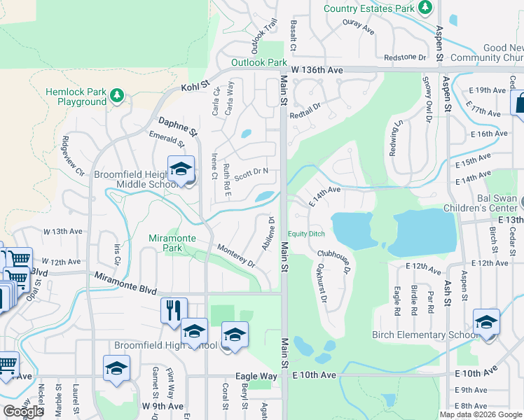 map of restaurants, bars, coffee shops, grocery stores, and more near 1545 Abilene Drive in Broomfield