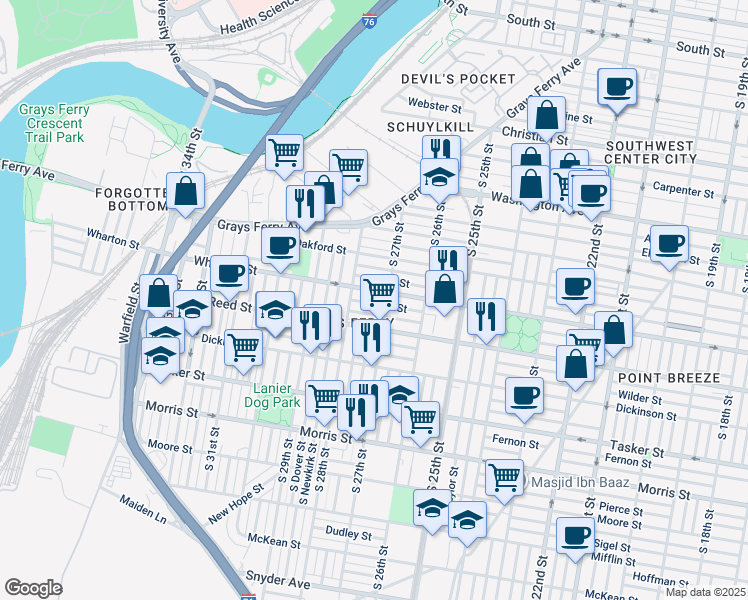 map of restaurants, bars, coffee shops, grocery stores, and more near 2719 Sears Street in Philadelphia