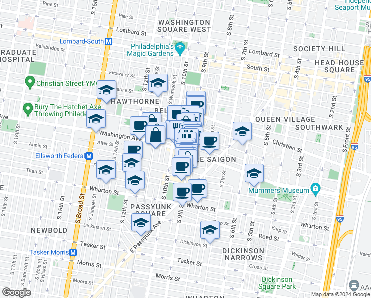 map of restaurants, bars, coffee shops, grocery stores, and more near 913 Washington Avenue in Philadelphia
