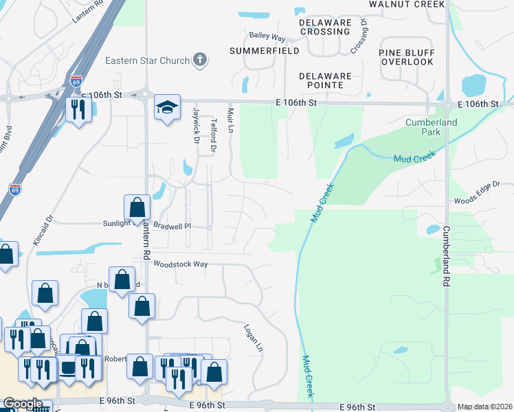 map of restaurants, bars, coffee shops, grocery stores, and more near 9198 Huxley Court in Fishers