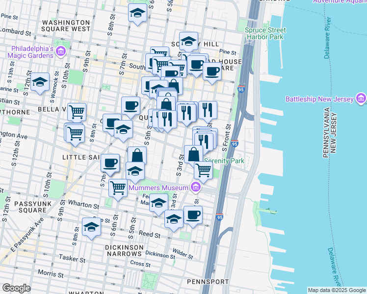 map of restaurants, bars, coffee shops, grocery stores, and more near 841 South 3rd Street in Philadelphia