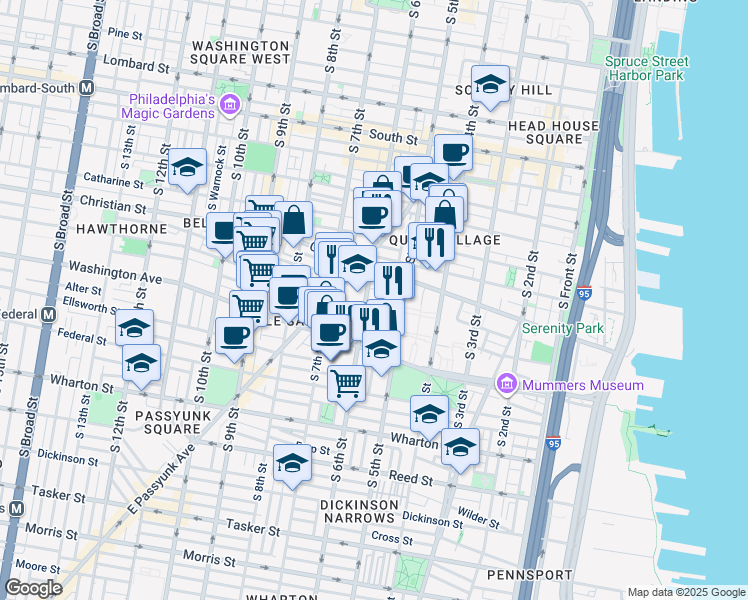 map of restaurants, bars, coffee shops, grocery stores, and more near 910 South Fairhill Street in Philadelphia