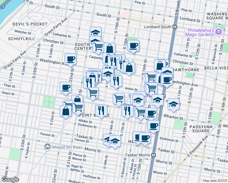 map of restaurants, bars, coffee shops, grocery stores, and more near 1812 Federal St in Philadelphia