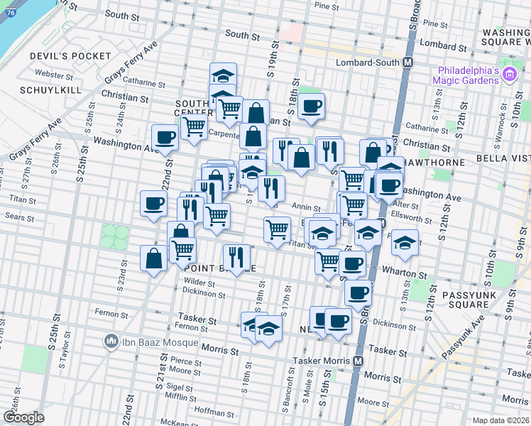 map of restaurants, bars, coffee shops, grocery stores, and more near 1226 South 18th Street in Philadelphia
