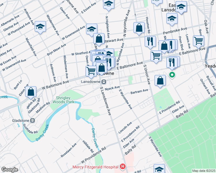 map of restaurants, bars, coffee shops, grocery stores, and more near 15 Nyack Avenue in Lansdowne