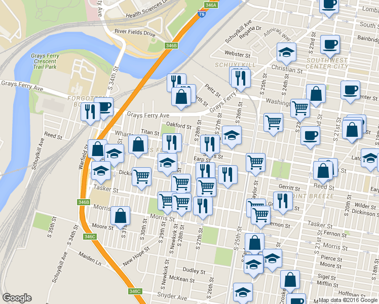 map of restaurants, bars, coffee shops, grocery stores, and more near 1319 South Newkirk Street in Philadelphia