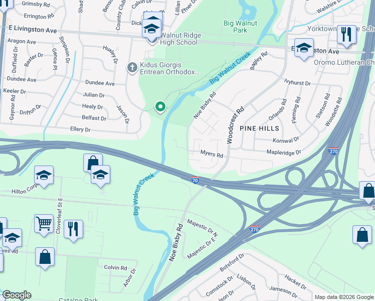map of restaurants, bars, coffee shops, grocery stores, and more near Noe Bixby Rd & Myers Rd in Columbus