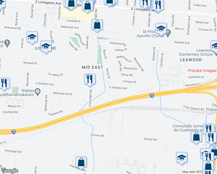 map of restaurants, bars, coffee shops, grocery stores, and more near E Deshler Ave & Alcoy Dr in Columbus