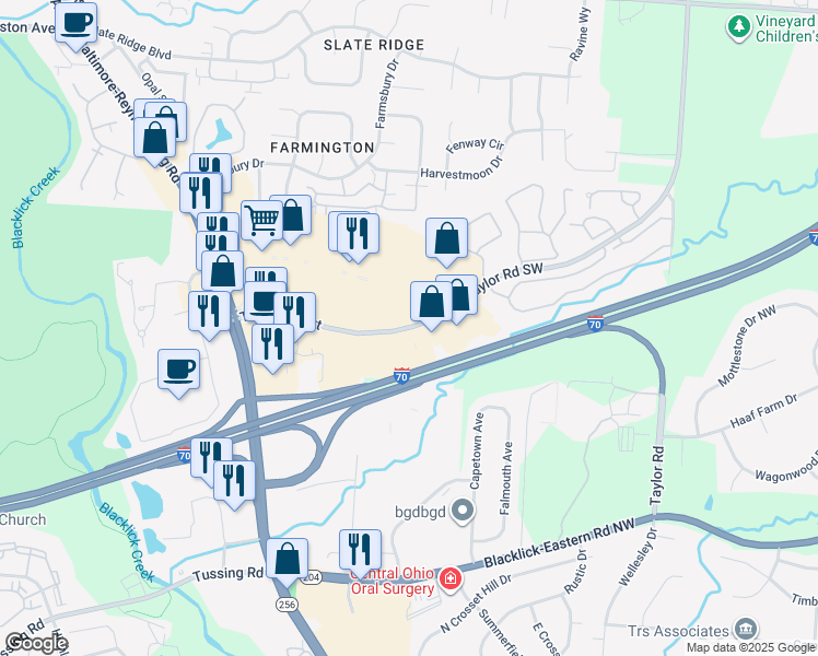 map of restaurants, bars, coffee shops, grocery stores, and more near Taylor Road Extension in Reynoldsburg
