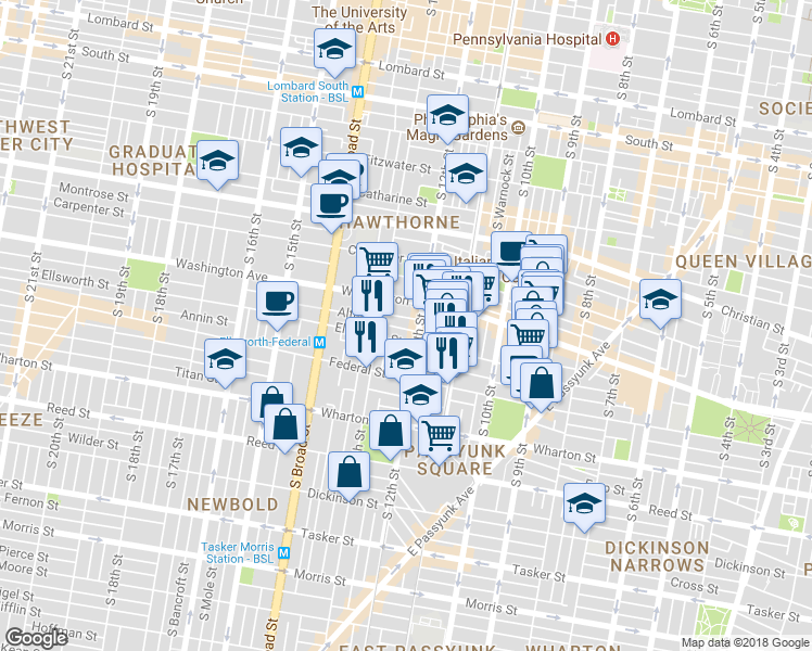 map of restaurants, bars, coffee shops, grocery stores, and more near 1205 Peters Street in Philadelphia
