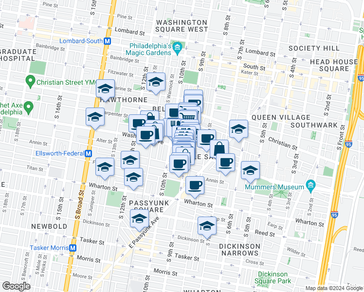 map of restaurants, bars, coffee shops, grocery stores, and more near 917 Washington Avenue in Philadelphia