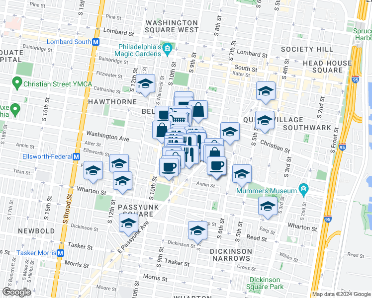 map of restaurants, bars, coffee shops, grocery stores, and more near 827 League Street in Philadelphia