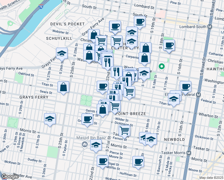 map of restaurants, bars, coffee shops, grocery stores, and more near 2122 Oakford Street in Philadelphia