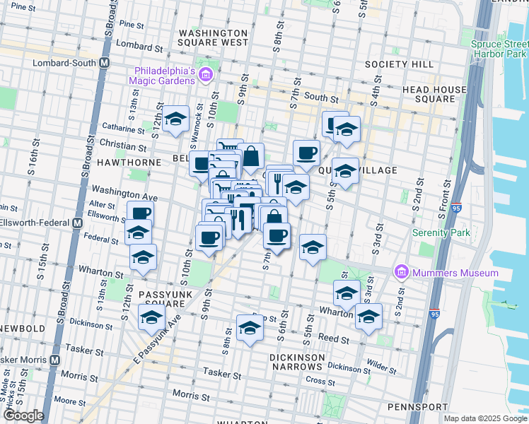 map of restaurants, bars, coffee shops, grocery stores, and more near 717 Kimball Street in Philadelphia