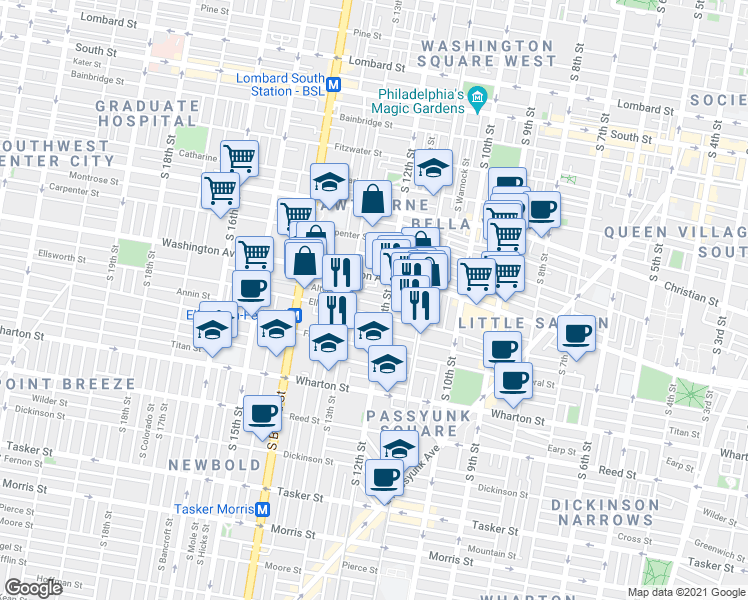 map of restaurants, bars, coffee shops, grocery stores, and more near 1205 Peters Street in Philadelphia