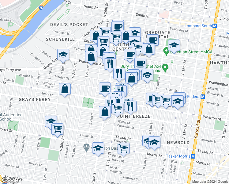 map of restaurants, bars, coffee shops, grocery stores, and more near 2122 Oakford Street in Philadelphia
