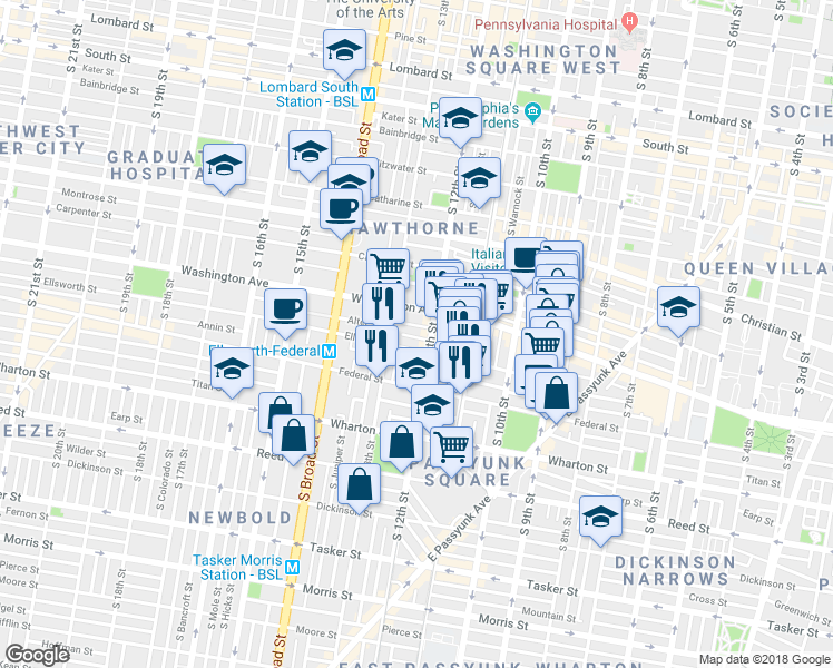 map of restaurants, bars, coffee shops, grocery stores, and more near 1207 Peters Street in Philadelphia