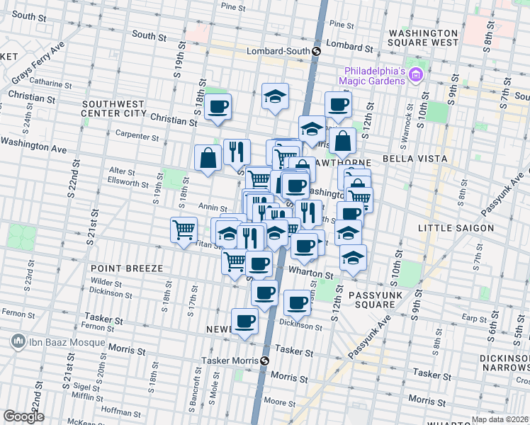 map of restaurants, bars, coffee shops, grocery stores, and more near 1145 South 15th Street in Philadelphia