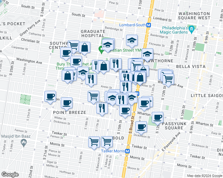 map of restaurants, bars, coffee shops, grocery stores, and more near 1612 Annin Street in Philadelphia