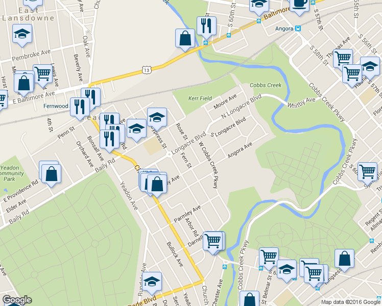 map of restaurants, bars, coffee shops, grocery stores, and more near 660 Rose Street in Yeadon