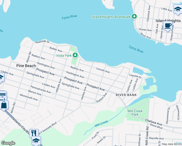 map of restaurants, bars, coffee shops, grocery stores, and more near 818 Huntington Avenue in Pine Beach