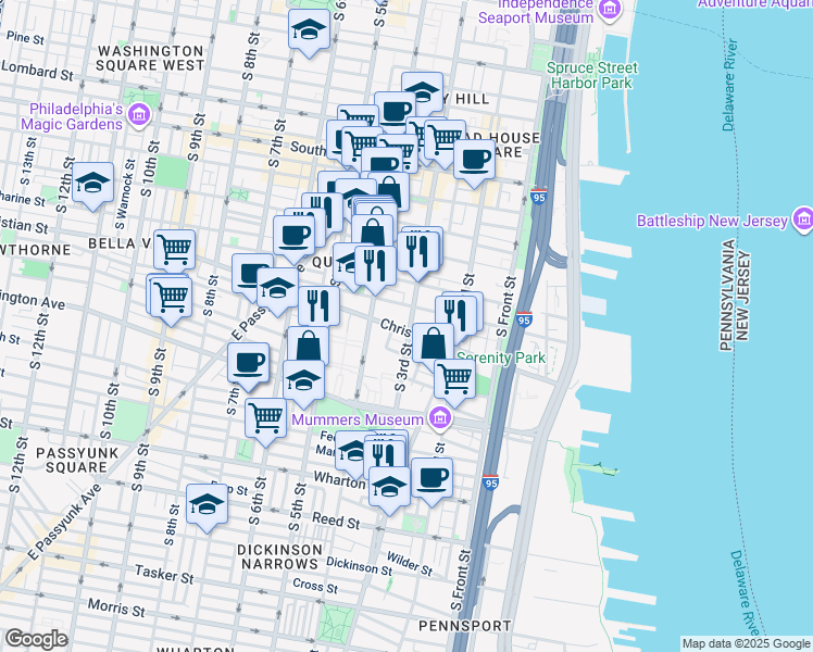 map of restaurants, bars, coffee shops, grocery stores, and more near 905 South Bodine Street in Philadelphia