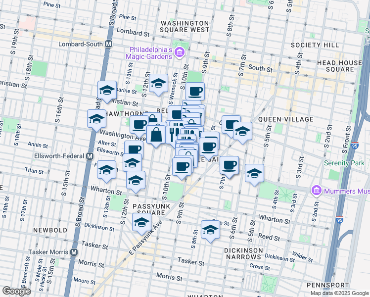 map of restaurants, bars, coffee shops, grocery stores, and more near 917 Washington Avenue in Philadelphia