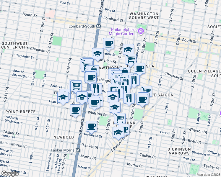map of restaurants, bars, coffee shops, grocery stores, and more near 1207 Peters Street in Philadelphia