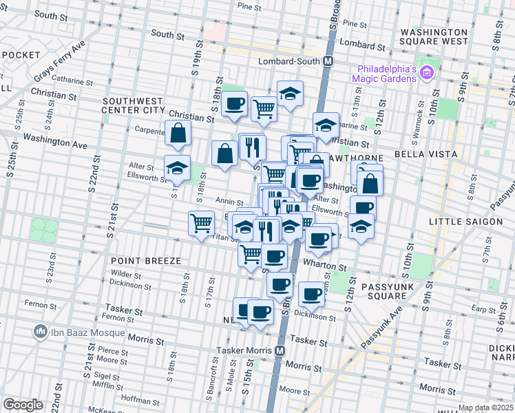 map of restaurants, bars, coffee shops, grocery stores, and more near 1510 Federal Street in Philadelphia